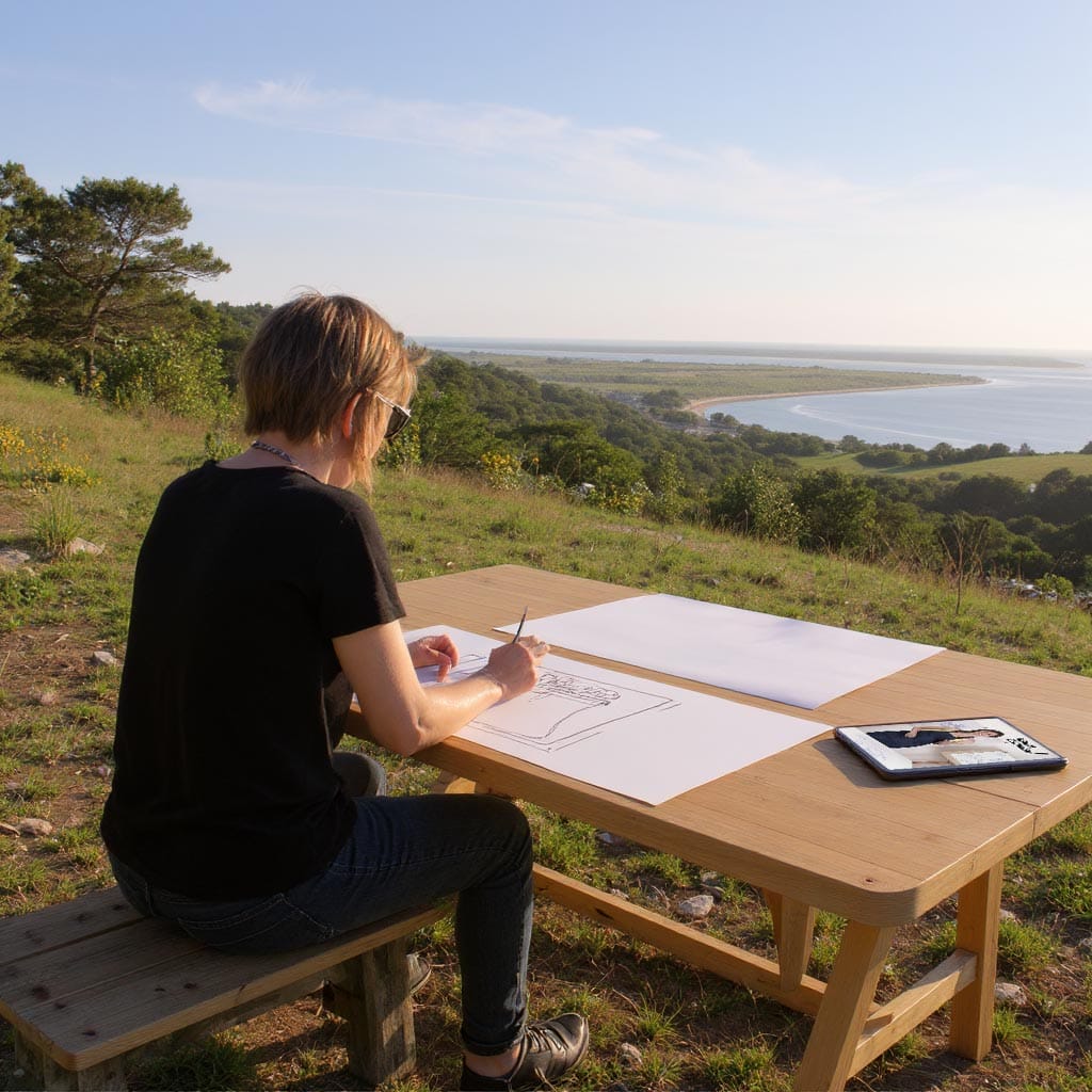 Genial Zeichnen - Online Zeichenkurs - Zeichnerin am Tisch auf Wiese am Meer - Malferien -Kreativurlaub - iPad rechts - erstellt per Fotomontage und KI firefly flux1kontext - copyright Marco Di Carlo